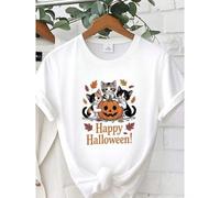 Shein women t-shirt print Halloween Shirt, Halloween Shirt, Retro Spooky Season, Ghost Shirt, Ghost Cat Shirt, 2025 Happy Halloween T-Shirt Versatile women