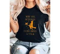 Shein women t-shirt print Halloween Shirt, Witch Shirt, Yes I Can Drive A Stick Shirt Print Round Neck Short Sleeve graphic T-Shirt For Women Casual designe