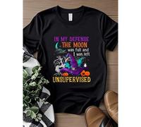 Shein women t-shirt print In My Defense The Moon Was Full Witch Halloween Pumpkin T-Shirt Stylish Slightly streetwear Top For Everyday Wear fashion Comforta