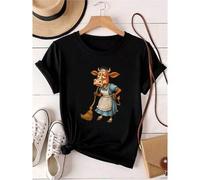 Shein women t-shirt print ired Cow Maid T-Shirt, Hilarious Cartoon Cow in Apron with Broom Graphic Tee, Farm Animal Humor Unisex Shirt for Dairy and Barn Lo