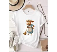 Shein women t-shirt print ired Cow Maid T-Shirt, Hilarious Cartoon Cow in Apron with Broom Graphic Tee, Farm Animal Humor Unisex Shirt for Dairy and Barn Lo