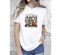 Shein women t-shirt print ® Just Waiting for Halloween Shirt, Funny Skeleton Pumpkin Shirt, Spooky Fall Graphic Shirt, Retro Halloween T-Shirt for Her Stret