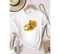 Shein women t-shirt print Mushrooms Growing in Animal Skull T-Shirt,Gothic Naturecore Fungi Shirt for Cottagecore Aesthetics,Dark Forest Lovers Tee & Sp