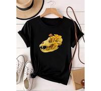 Shein women t-shirt print Mushrooms Growing in Animal Skull T-Shirt,Gothic Naturecore Fungi Shirt for Cottagecore Aesthetics,Dark Forest Lovers Tee & Sp