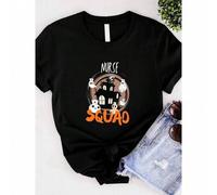Shein women t-shirt print Nurse Halloween/Funny Horror/Horror Friends/Cute Nurse Ghost T-Shirt Print Round Neck Short Sleeve Women Top Graphic Tees Breatha