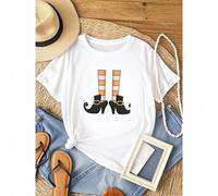 Shein women t-shirt print Orange Striped Witch Legs Shirt - Halloween Costume T-Shirt for Women, Fun Spooky Season Tee with Classic Boots Graphic Stylish Un