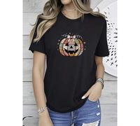 Shein women t-shirt print Patchwork Quilt Floral Pumpkin Spooky Bow Fall Halloween T-Shirt fashion Comfortable Soft Top For Everyday Wear women designer clo