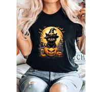 Shein women t-shirt print Scary Halloween Black Cat Pumpkin Witch Moon Men Women T-Shirt Unisex Stretched Casual women Print Round Neck Short Sleeve design
