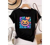 Shein women t-shirt print Spooky Pumpkin with Colorful Floral Vibes T-Shirt Summer Comfortable fashion designer clothes Print Round Neck Short Sleeve street