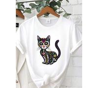Shein women t-shirt print summer Cute Sugar Skull Mexican Cat Halloween Day Of The Dead Men Women Girls T-Shirt streetwear Breathable graphic Stretched wom