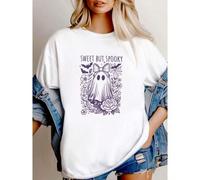 Shein women t-shirt print Sweet But Spooky Ghost With Bow Halloween Flowers Bats Cute Graphic T Shirt Creepy Cute Ghost Shirt Fall Aesthetic Halloween Tee S
