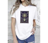 Shein women t-shirt print The Sun Tarot T-Shirt (XIX)-a radiant design symbolizing joy, life, and energy. Features four sunflowers & elemental harmony.