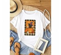 Shein women t-shirt print Witch Black cat Halloween Pumpkin Flowers Cute Funny Cats T-Shirt Casual Summer Unisex Stylish Top For Everyday Wear fashion Women