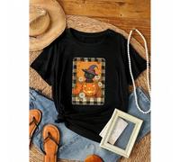 Shein women t-shirt print Witch Black cat Halloween Pumpkin Flowers Cute Funny Cats T-Shirt Casual Summer Unisex Stylish Top For Everyday Wear fashion Women