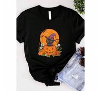 Shein women t-shirt print Witch Black cat Halloween Pumpkin Flowers Cute Funny Cats T-Shirt Stylish Soft streetwear T-Shirt For Women Casual Print Round Nec