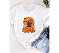 Shein women t-shirt print Witch Black cat Halloween Pumpkin Flowers Cute Funny Cats T-Shirt Stylish Soft streetwear T-Shirt For Women Casual Print Round Nec