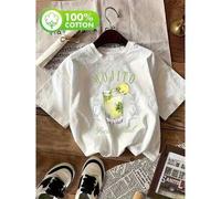 Shein Women's 100% Cotton Graphic T-Shirt - Casual Short Sleeve Crew Neck, Mint Green and Lime Green Print, Breathable Loose Fit, Machine Washable, Premium