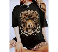 Shein Women's 100% Cotton Vintage Halloween T-Shirt - Black Casual Round Neck Tee with Spooky Skull & Bat Graphic, Machine Washable All-Season Comfort,