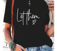 Shein Women's 100% Graphic T-Shirt - Casual Short Sleeve Round Neck Top with Inspirational Quotes "Let Them" & "Keep Shining" , Perfect for Spring &
