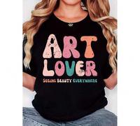 Shein Women's "Art Lover Seeing Beauty Everywhere" Graphic Tee - Retro Minimalist Style, Black Round Neck Short Sleeve T-Shirt, Casual Comfort Fit, Machine