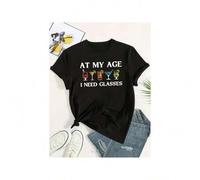 Shein Women's "At My Age I Need Glasses" Graphic T-Shirt - Casual Black Crew Neck Short Sleeve Tee with Colorful Drink Icons, Machine Washable for Spring &a