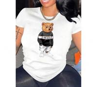 Shein Women's Bear Print T-Shirt - Casual Crew Neck, Short Sleeve, Stretchy Polyester Blend, Machine Washable - Perfect for Summer & Casual Attire