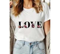 Shein Women'S Black And White T-Shirt Printed with LOVE, Flowers, Romantic Style Pattern, Round Neck, y New Spot, Short Sleeve, Birthday, Valentine'S Day Gi
