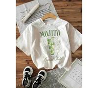 Shein Women's Black Graphic Print T-Shirt - 100% Cotton Short Sleeve Crew Neck Casual Top with Mojito Cocktail & Social Club Design, Lightweight 180gsm