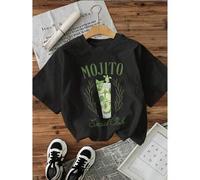 Shein Women's Black Graphic Print T-Shirt - 100% Cotton Short Sleeve Crew Neck Casual Top with Mojito Cocktail & Social Club Design, Lightweight 180gsm