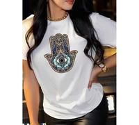 Shein Women's Bohemian Black T-Shirt with Intricate Hamsa Hand & Eye Design - 92% Cotton/8% Elastane Blend, Stretchy Short Sleeve Round Neck Top, Machine Wa