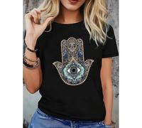 Shein Women's Bohemian Black T-Shirt with Intricate Hamsa Hand & Eye Design - 92% Cotton/8% Elastane Blend, Stretchy Short Sleeve Round Neck Top, Machine Wa