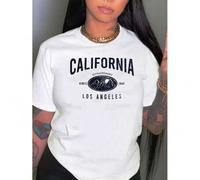 Shein Women's California Los Angeles Graphic T-Shirt - Black Casual Crew Neck Short Sleeve Tee with Mountain & Sun Design, Comfortable Summer Top for Casual
