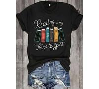 Shein Women's Casual Cotton T-Shirt | Round Neck Short Sleeve | "Reading is My Favorite Sport" Book Print | Multi-Color Graphic Tee | Machine Washable | All