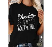 Shein Women's Casual Crew Neck T-Shirt, 100%cotton Knit Fabric, Short Sleeve, Regular Length, with Geometric Chocolate is My Valentine Pattern, for All Sea