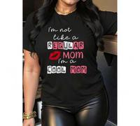 Shein Women'S Casual Crew Neck T-Shirt with Red Lips Letter Print, Fashionable Short Sleeve Top for Mother'S Day, Polyester Knit Fabric, Medium Stretch, 180