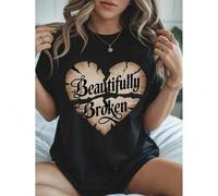 Shein Women'S Casual Crewneck T-Shirt with "Beautiful Broken" Heart Print, 100% Fabric, Regular Length, Four Seasons Comfort