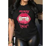 Shein Women's Casual Fashion Orange T-Shirt with Pink Lips and Money Print, Round Neck Short Sleeve, Polyester Fabric - Machine Washable