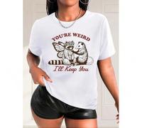 Shein Women's Casual Fashion T-Shirt with Animal Wing and Letter Print, Round Neck, Short Sleeve, Polyester - Machine Washable, Black, Two Wings