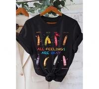 Shein Women's Casual Graphic T-Shirt - Short Sleeve Crew Neck, "All Feelings Are Okay" Pencil Print, Black Polyester Blend Top for Spring & Summer