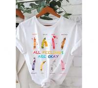 Shein Women's Casual Graphic T-Shirt - Short Sleeve Crew Neck, "All Feelings Are Okay" Pencil Print, Black Polyester Blend Top for Spring & Summer