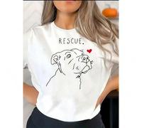 Shein Women's Casual "Rescue" Dog Graphic T-Shirt - Soft Polyester Blend, Round Neck, Short Sleeve, White with Black Line Art & Red Heart Design, Comfortabl