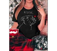 Shein Women's Casual "Rescue" Dog Graphic T-Shirt - Soft Polyester Blend, Round Neck, Short Sleeve, White with Black Line Art & Red Heart Design, Comfortabl