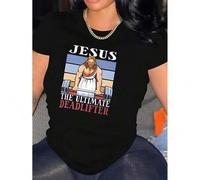 Shein Women's Casual Round Neck Short Sleeve T-Shirt, "Jesus the Ultimate Deadlifter" Graphic Print, Comfortable Summer Top, Fashionable Knit Fabric, Polyes