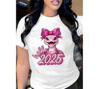 Shein Women's Casual Round Neck Short Sleeve T-Shirt with Hello , Year Of The Snake! Regular Length - All Seasons, Women's Casual Tee For Adult, Men, Wome