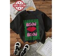 Shein Women's Casual Short Sleeve Crew Neck T-Shirt - 100% Cotton Bisou Bisou Graphic Print with Red Lips & Green Stripes, Relaxed Fit Machine Washable