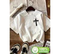 Shein Women's Casual Short Sleeve T-Shirt 100% Cotton Relaxed Fit Inspirational "Power in the Name of Jesus" Cross Print White Tee for Casual Atti
