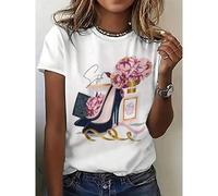 Shein Women's Casual Short Sleeve T-Shirt - 3D Pink Rose & Black High Heel Perfume Bottle Floral Print, White Round Neck Summer Top, All-Season Comfort Fit