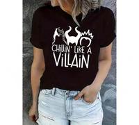 Shein Women's Casual Short Sleeve T-Shirt - "Chillin' Like a Villain" Graphic Print with Crowned Skeletons & Witch Hat Design - Black & Wh