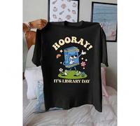 Shein Women's Casual Short Sleeve T-Shirt - HOORAY! IT's LIBRARY DAY Graphic Print with Books, Flowers & Stars - Black Round Neck Summer Top - 100% Cott