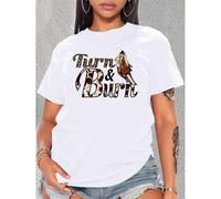 Shein Women's Casual Short Sleeve T-Shirt with Cowboy & Horse Print, "Turn & Burn" Leopard Lettering, Fashion Round Neck Tee
